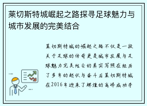 莱切斯特城崛起之路探寻足球魅力与城市发展的完美结合